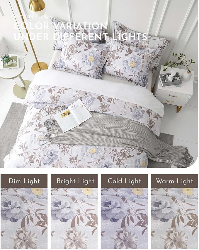 ALEISSEL Luxurious Cotton 3pcs Floral Comforter Sets Queen Size - Light Gray Comfoter with Bluish Gray & Taupe Floral and Botanical Prints, Vintage Lightweight Bedding Sets(Queen 90"×90")