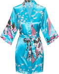 Women's Short Kimono Robes Bride and Bridesmaid Satin Floral Bathrobe Peacock Sleepwear Dressing Gown for Wedding Party