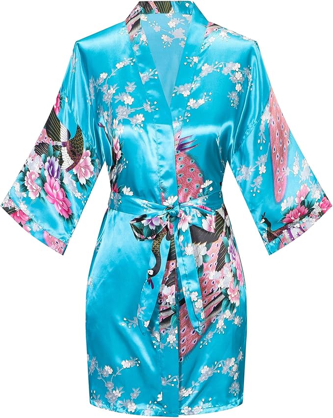 Women's Short Kimono Robes Bride and Bridesmaid Satin Floral Bathrobe Peacock Sleepwear Dressing Gown for Wedding Party