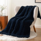 Bunnikins & Clover Navy Blue Throw Blanket for Couch, Chunky Knit Navy Throw Blanket for Home Decor, Handmade Chenille Cable Knit Throw, 50"x60"