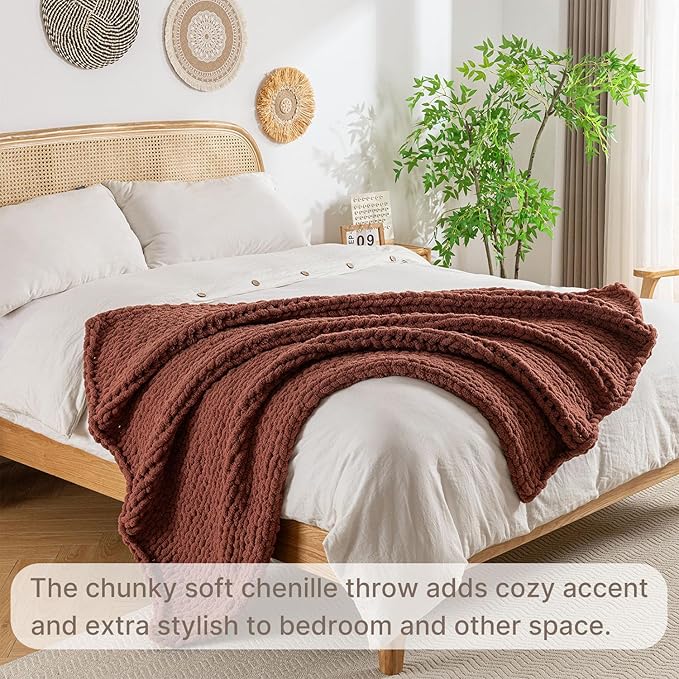 Chunky Knit Blanket Throw, 100% Hand Knit Throw Blanket Handmade Chenille Cable Knit Throw for Couch, Stylish Cozy Soft Rope Knot Crochet Blanket for Home Decor, Copper Brown, 60x80 Inches