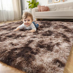 Amdrebio Tie-Dyed Brown Rugs for Bedroom Living Room, 8x10 Large Fluffy Shaggy Plush Area Rugs for Kids Room Decor Aesthetic, Modern Cool Fuzzy Furry Carpet for Classroom Playroom Preppy Dorm Nursery