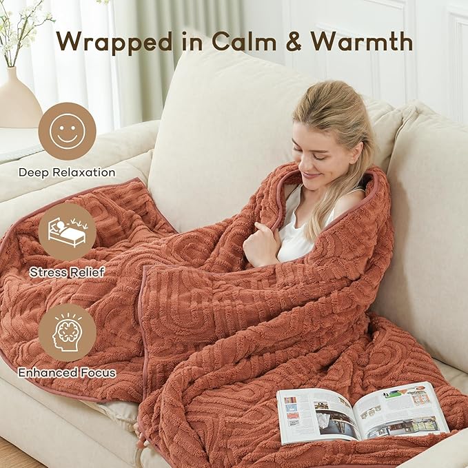 Cottonblue Jacquard Weighted Blanket for Adults 20 lbs Queen Size, Cozy Fluffy Sherpa Fleece Weighted Throw Blankets 60" x 80" for Sleep Relax, Fuzzy Warm Arch Heavy Blanket for Bed Couch, Rust Pink