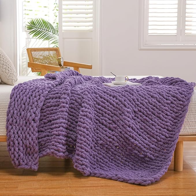 WESHIONGOO Chunky Knit Blanket Throw Knitted Throw Blankets for Couch Bed Fluffy Soft Blanket with Jumbo Chenille Yarn Thick 100% Handmade (Purple, 51"×63")