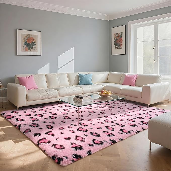 HOMORE Leopard Print Rugs, 6x9 Pink Leopard Rug for Girls Bedroom, Soft Cheetah Print Rugs for Living Room Western Decor, Modern Indoor Fluffy Area Rug for Kids Nursery Dorm Decor