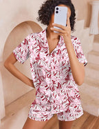 Ekouaer Womens Silk Pajama Sets Button Up Satin Pjs Short Sleeve 2 Piece Pj Sets Cute Lounge Sets with Chest Pocket