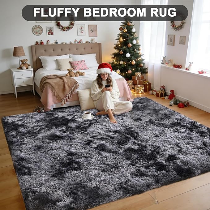 Large Shag Area Rugs 8x10, Tie-Dyed Plush Fuzzy Shaggy Rug for Living Room, Ultra Soft Fluffy Furry Rugs for Bedroom, Indoor Carpet Nursery Rugs for Kids Girls Boys Dorm Room Home Decor, Black Grey