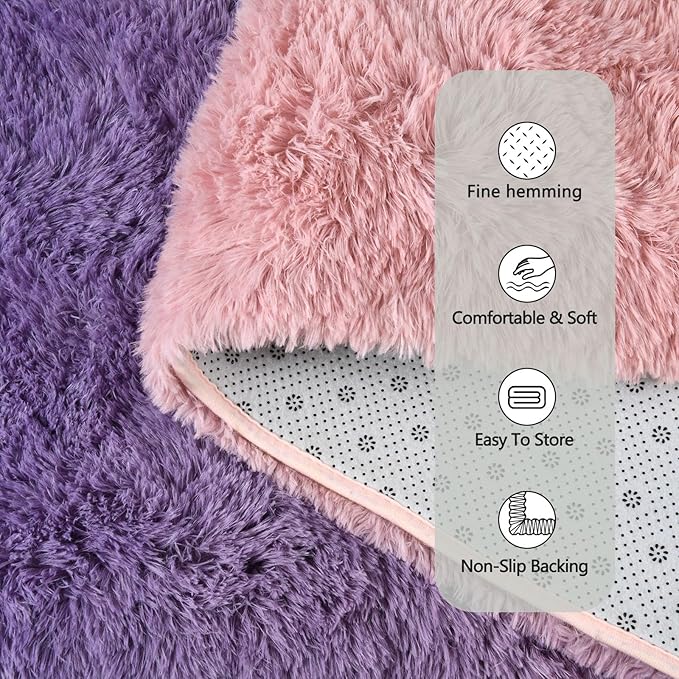 Purple Pink Area Rugs for Bedroom Living Room, 2x6 Feet Fluffy Bedside Rugs, Cute Carpet Rug for Kids Room Nursery, Furry Gradient Rugs for Girls Boys Dorm Room Home Decor