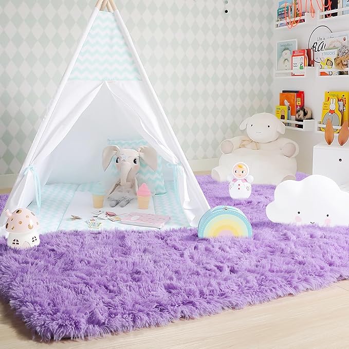 Amdrebio Purple Area Rugs for Bedroom Girls Room Decor Aesthetic, 5x7 Cute Fluffy Shag Lavender Rug for Living Room Dorm Classroom Nursery, Furry Plush Fuzzy Soft Lilac Carpet for Kids Baby Teens