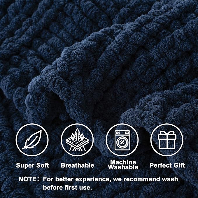 Battilo Navy Chunky Knit Throw Blanket for Couch, Navy Blue Chenille Throw Blanket Super Soft Cozy Thick Warm Cable Knitted Blanket for Bed, Sofa, Living Room, 50"x60"