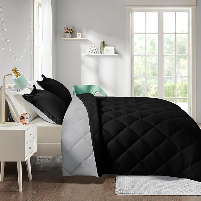 HIG 3pc Black Full Size Comforter Set - All Season Reversible Down Alternative Comforter with Two Shams - Quilted Duvet Insert with Corner Tabs - Box Stitched Blanket - Breathable, Soft, Fluffy