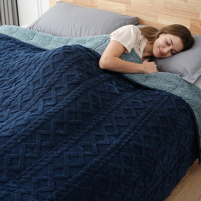 Sherpa Fleece Adult Weighted Blanket Great for Sleep, 15 lbs Dual Sided Soft Fuzzy Heavy Blankets for Couch Bed Sofa, Cozy Warm Fluffy Jacquard Throw for Winter (Navy Blue, 60" x 80", 15 Pounds)