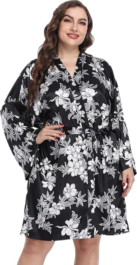 Women's Plus Size Satin Kimono Robes Short Silk Bathrobe Bridesmaid Wedding Party Nightgown Sleepwear