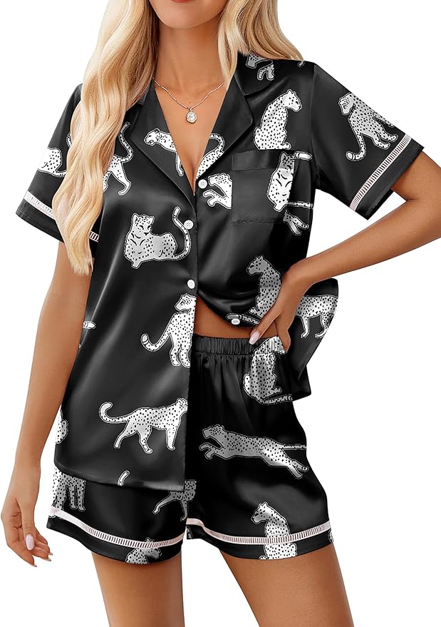 Ekouaer Womens Silk Pajama Sets Button Up Satin Pjs Short Sleeve 2 Piece Pj Sets Cute Lounge Sets with Chest Pocket