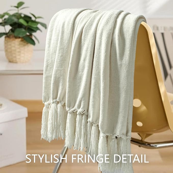 Chenille Throw Blanket for Couch 50"X 60", Soft Cozy Throws with Fringe Tassel for Bed Sofa Chair Cover, Lightweight Knitted Decorative Boho Blankets for Living Room, Ivory White