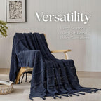 Boho Knitted Chenille Blanket with Tassels - Lightweight & Soft All-Season Throw - 3D Classic Pattern for Living Room Bedroom Couch, Royal Blue, Queen 90"x90"