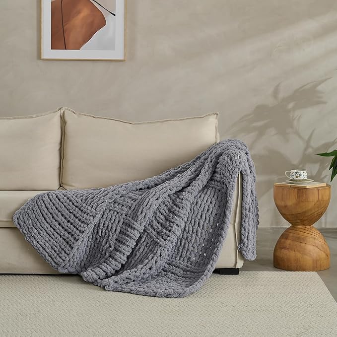 Chunky Knit Blanket Throw 50x60 Inches,Handmade Cable Knit Crochet Blanket,Cozy Lightweight All Season,Wrinkle-Resistant Polyester for Couch Bed Sofa Reading Nook,Grey