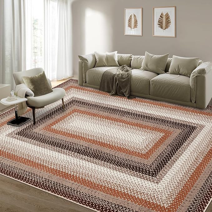 RUGSREAL 9x12 Braided Rug Washable Living Room Area Rug Modern Braid Printed Large Bedroom Rug Non Slip Dining Room Rug with Rubber Backing Farmhouse Accent Carpet for Home Decor Office, Brown/Rust