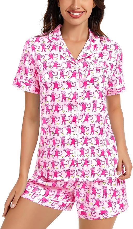 SWOMOG Womens Silk Satin Pajamas Set Short Sleeve Sleepwear Button Down Top and Shorts Loungewear 2 Piece Pjs Set XS-3XL