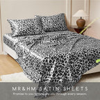 MR&HM Satin Sheets with Elastic Corner Straps, King Size Sheets Set, 4 Pcs Silky Bedding Set with 15 Inches Deep Pocket for Mattress (King, White Leopard)