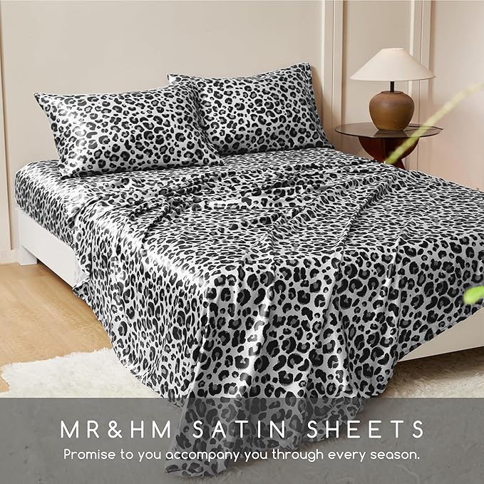 MR&HM Satin Sheets with Elastic Corner Straps, King Size Sheets Set, 4 Pcs Silky Bedding Set with 15 Inches Deep Pocket for Mattress (King, White Leopard)