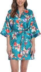 Women's Floral Satin Robes Bride Bridesmaid Getting Ready Robe Short Silky Kimono Sleepwear for Wedding Party