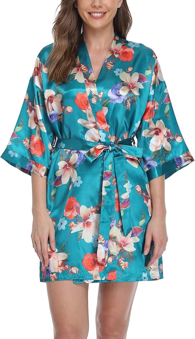 Women's Floral Satin Robes Bride Bridesmaid Getting Ready Robe Short Silky Kimono Sleepwear for Wedding Party