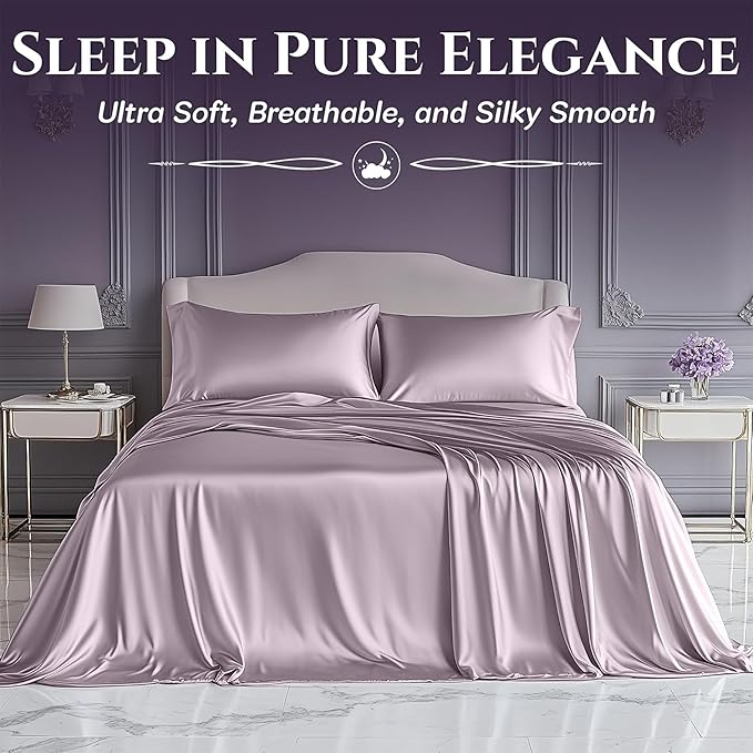 SLEEP SANCTUARY Satin Sheets King Size – 4 Piece Luxury Silky Bed Set, Softer Than Silk, 15" Deep Pocket, Cooling & Wrinkle-Free, Moisture-Wicking & Breathable for Hair & Skin (Lavender)