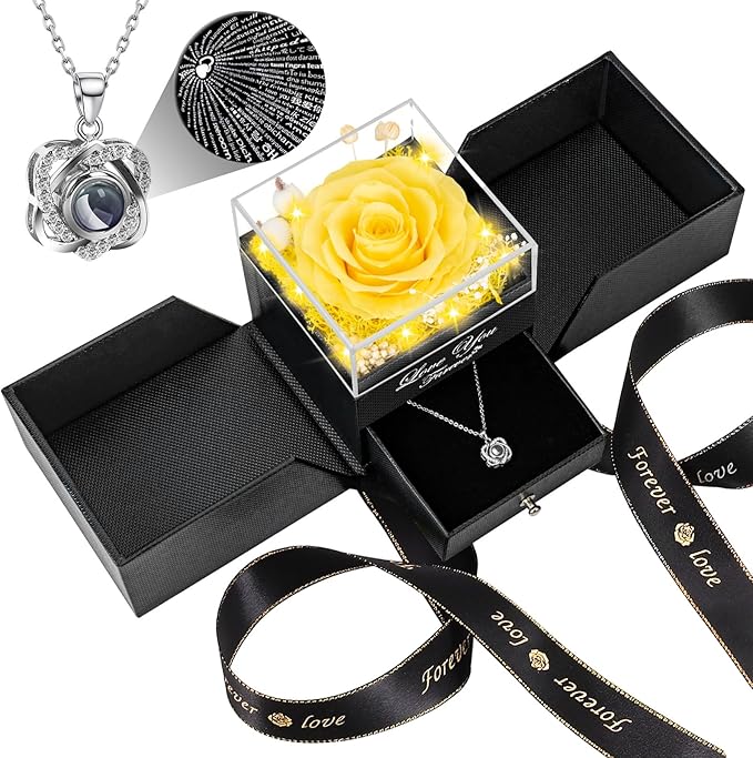 Lebana Preserved Real Rose with Heart I Love You Necklace -Eternal Flowers Rose Birthday Gifts for Her Mom Wife Girlfriend Grandma on Valentines Mothers Day Christmas Anniversary Romantic (Yellow)