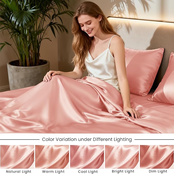 Love's cabin California King Satin Sheet Sets - 4 Piece Coral Silky Sheets Bed Set with Deep Pocket, Luxury Silk Feel Satin Cal King Sheet Set (1 Flat Sheet,1 Fitted Sheet,2 Pillow Cases)