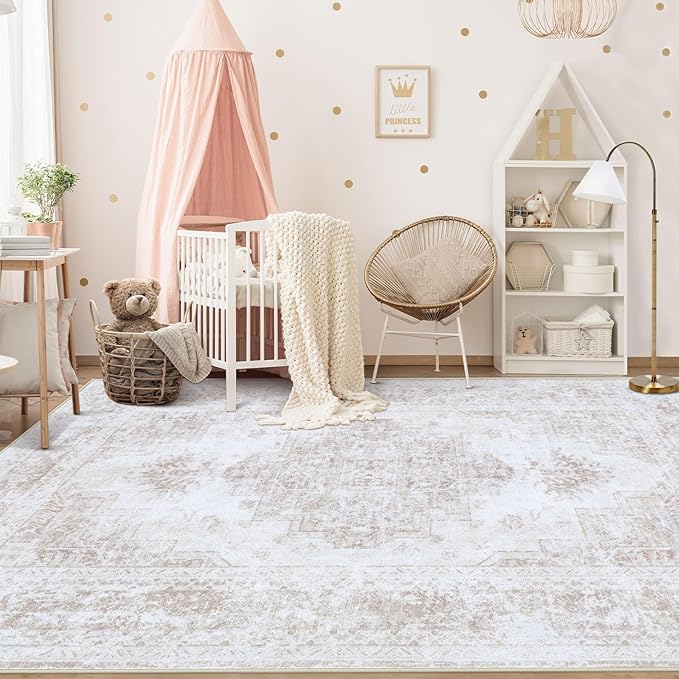 XLUEZ Area Rug 5x7 Living Room Rug, Machine Washable Vintage Distressed Medallion Rug Non-Slip Soft Low Pile Large Indoor Rugs for Bedroom Kitchen Dining Room Office(Beige,5'x7')