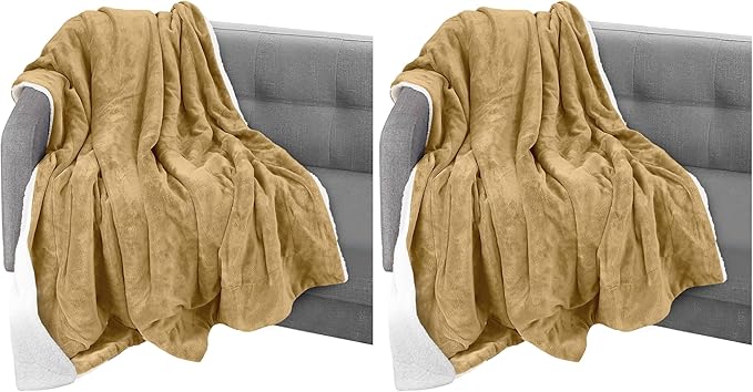 Elegant Comfort Throw Blanket, Reversible Sherpa Flannel, Ultra-Soft, Fuzzy, Cozy and Plush- All Season Lightweight Decorative Throw, 50 x 60 inches, Solid Sherpa Throw, Gold (Pack of 2)
