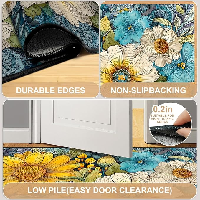 Flower Area Rug 2x3 ft Entry Rug Washable Boho Rugs Non Slip Low Pile Floral Door Mat Small Carpet for Bedroom, Bedside, Kids Room, Office, Dining Room