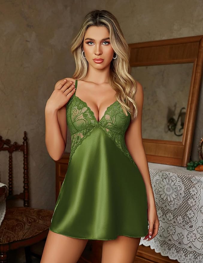 Avidlove Women Lingerie V Neck Sexy Nightwear Satin Sleepwear Lace Chemise Mini Babydoll Nightgown