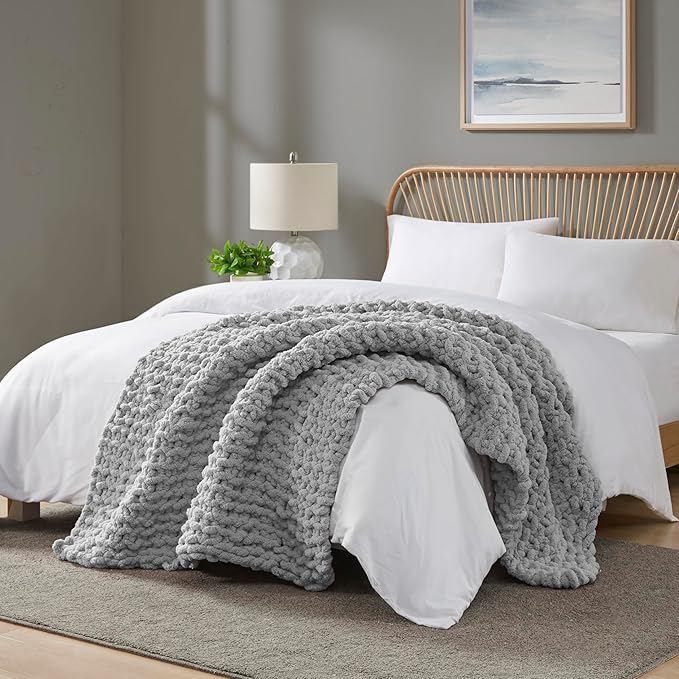 Madison Park Chenille Chunky Knit Handmade Throw Blanket, Luxuriously Soft Gift Blankets, Cottage Style Room Décor, Lightweight & Breathable All Seasons Throw Blanket for Couch, 50" W x 60" L Grey