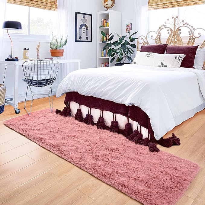 ISEAU Runner Rug for Bedroom, Dorm, College, Apartment, 2x6 Feet Shag Area Rug with Upgrade Non Slip, Fluffy Carpet Runner for Hallway, Fuzzy Soft Living Room Rugs for Girls Bedroom Decor, Blush