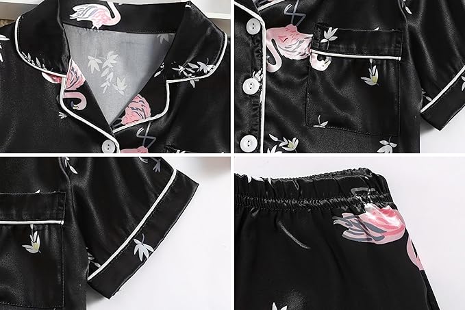 Umeyda Girls Womens Pajamas Set, Satin Silky Button Down Loungewear 2 Piece Short Sleeve Pants PJS Sets for Mommy Kids