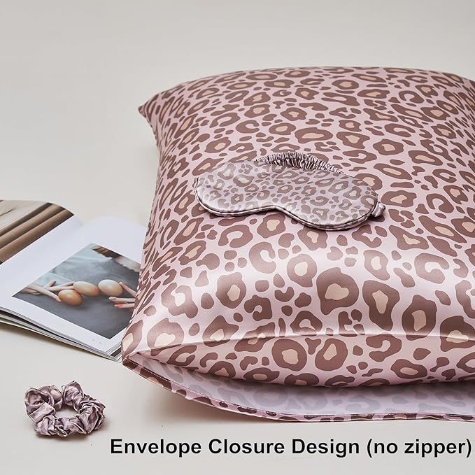 Satin Pillowcase for Hair and Skin, Super Soft Vegan Silk Sleep Set-2 Satin Pillow Cases Standard Size, 1 Eye Mask, 1 Scrunchie, Self Care Essential Satin Night Routine Kit, Pink Leopard