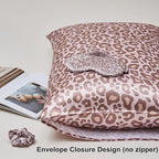 Satin Pillowcase for Hair and Skin, Super Soft Vegan Silk Sleep Set-2 Satin Pillow Cases Standard Size, 1 Eye Mask, 1 Scrunchie, Self Care Essential Satin Night Routine Kit, Pink Leopard