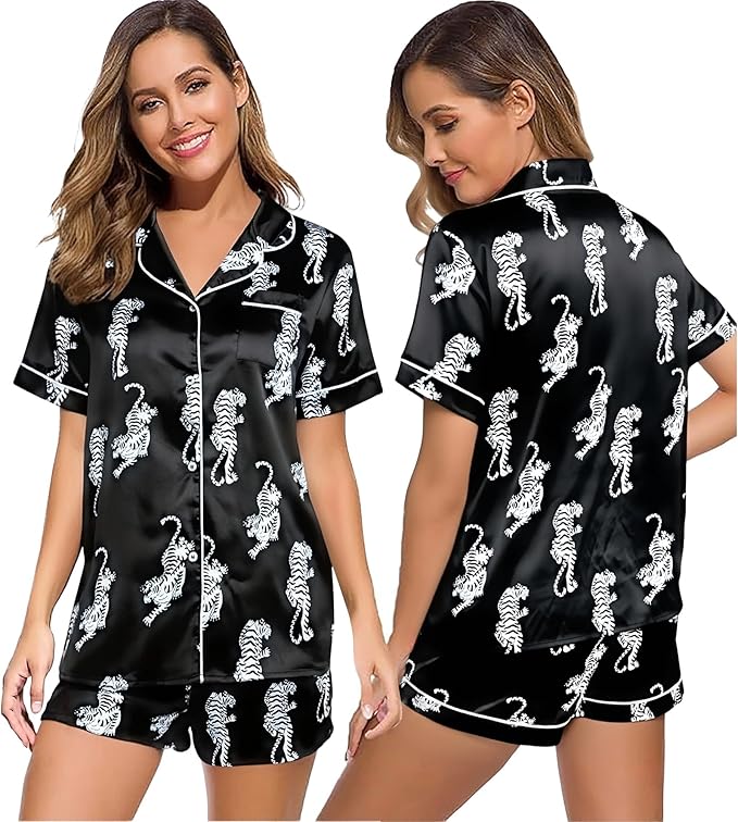 ASTANFY Silk Satin Pajama Set Womens Silk Satin 2 Piece Pjs Shorts Sleepwear Christmas Button Down Shirt Bride Pj Lounge Sets