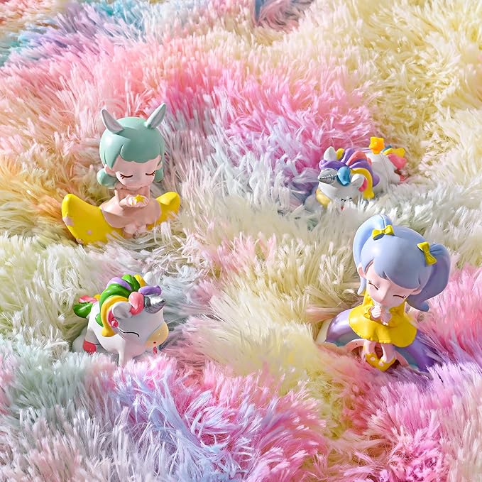 ISEAU Rainbow Rug for Living Bedroom, 5 x 8 Feet Fluffy Area Rugs for Bedroom, Ultra Kawaii Abstract Shaggy Colorful Carpet, Fuzzy Cute Rug for Kids Girl Room Decor