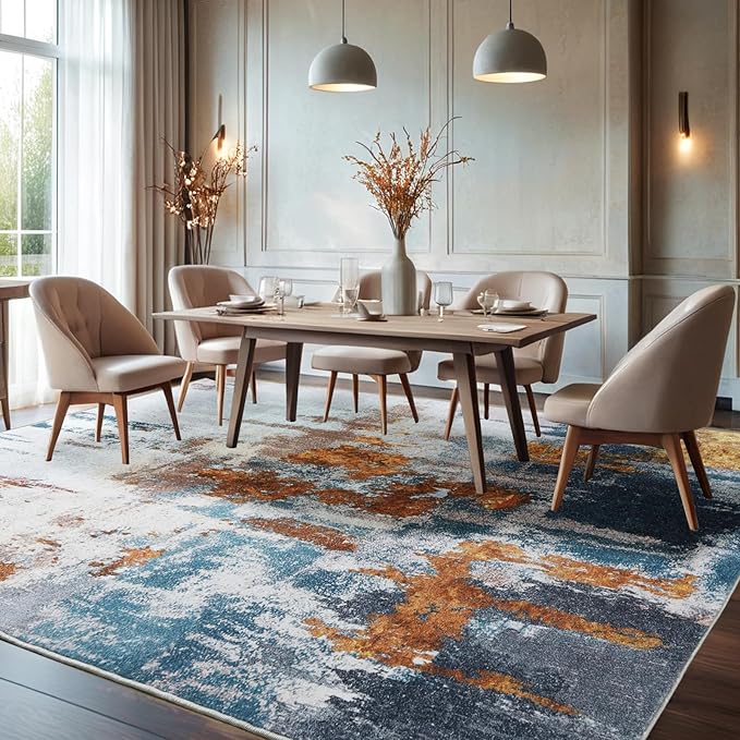 Area Rug 9x12 Washable Rugs Modern Abstract Area Rug Soft Non-Slip Non-Shedding Faux Wool Stain Resistant Floor Carpets for Living Room Bedroom Dining Room Kids Room Home Office (Blue, Grey, Gold)