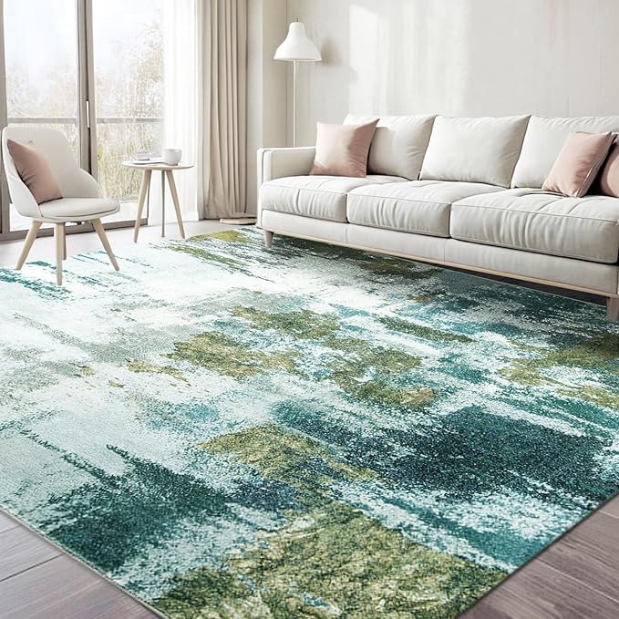 Area Rug 5x7 Washable Rugs Green Abstract Area Rug Soft Non-Slip Non-Shedding Faux Wool Stain Resistant Floor Carpets for Living Room Bedroom Dining Room Kids Room Home Office Farmhouse