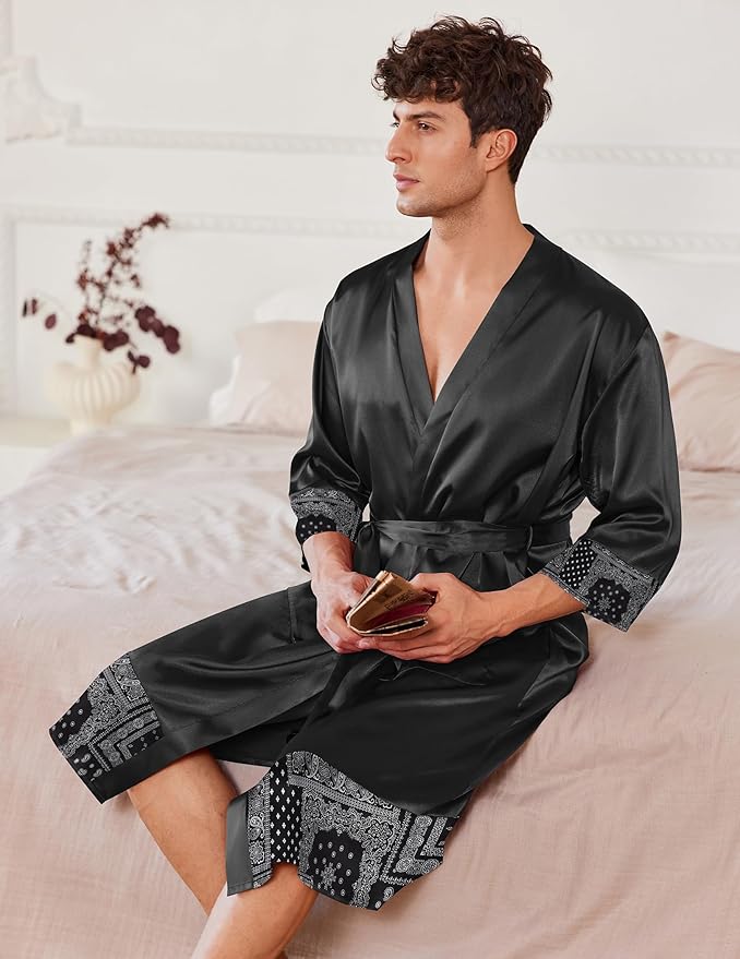 Ekouaer Mens Satin Robe Lightweight Silky Kimono Bathrobe 3/4 Sleeve Spa Knee Length Loungewear with Pockets S-3XL