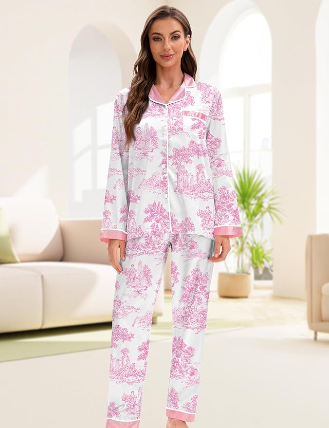EPLAZA Silk Pajamas for Women Satin Pajamas Set 5 Pcs Long Sleeve Print Pattern Button Down Pjs Sleepwear Loungewear Set