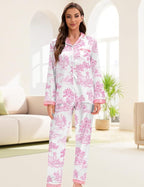 EPLAZA Silk Pajamas for Women Satin Pajamas Set 5 Pcs Long Sleeve Print Pattern Button Down Pjs Sleepwear Loungewear Set