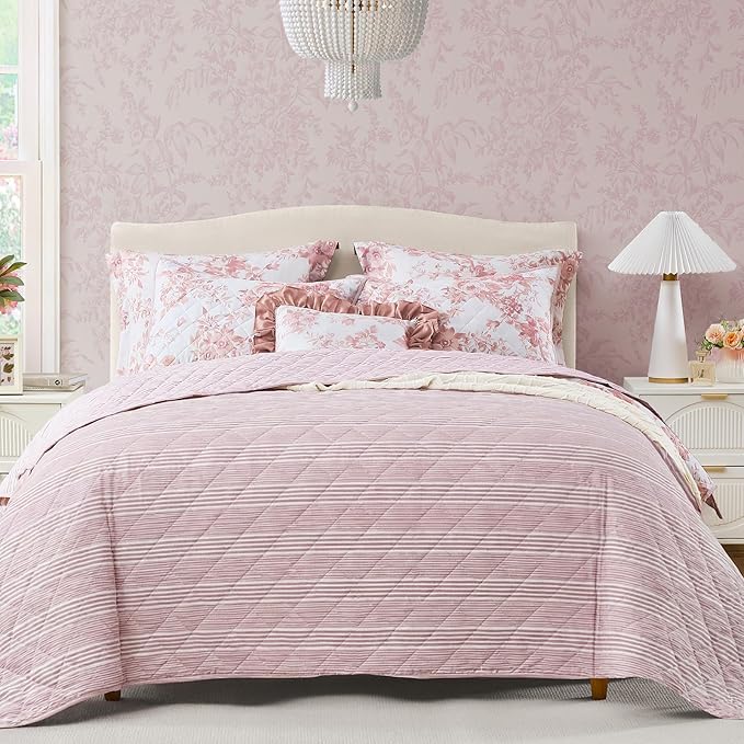 BLOOMHAVEN Quilt Set King Size, Dusty Rose Floral Quilt Sets, Reversible Bedspread Lightweight and Breathable for All Seasons, Soft Quilted Bedspread with 2 Pillow Shams