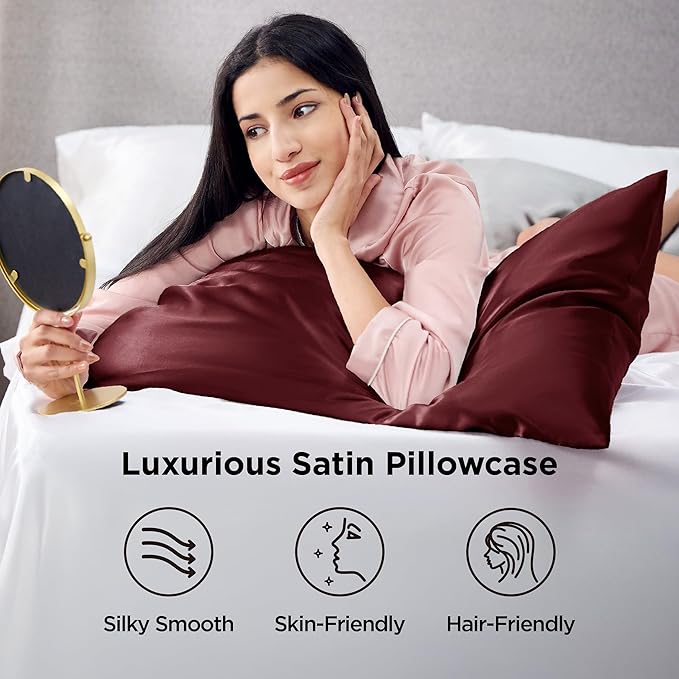 Bedsure Satin Pillowcase for Hair and Skin Standard - Burgundy Silk Pillowcase 2 Pack 20x26 inches - Satin Pillow Cases Set of 2 with Envelope Closure