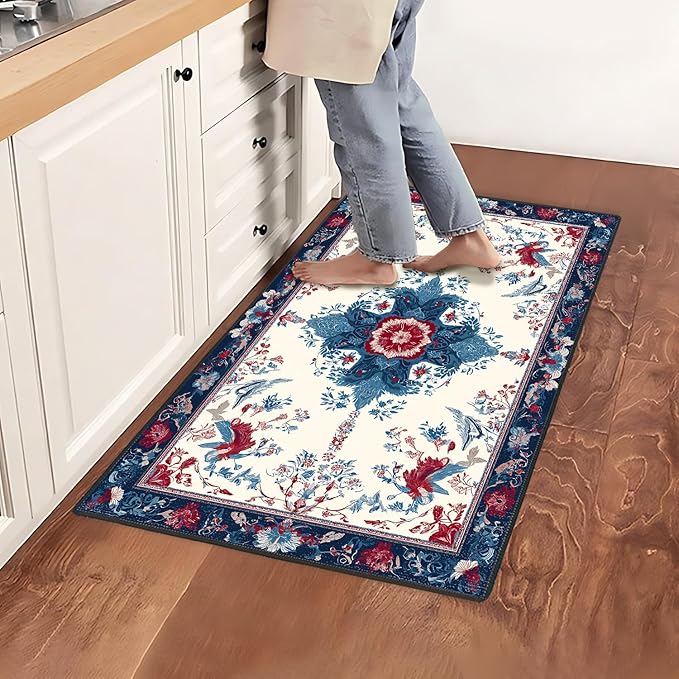 Area Rug 2x3 ft Entry Rug Washable Boho Rugs Non Slip Low Pile Floral Door Mat Small Carpet for Nursery, Bedroom, Bedside, Kids Room, Office, Dining Room