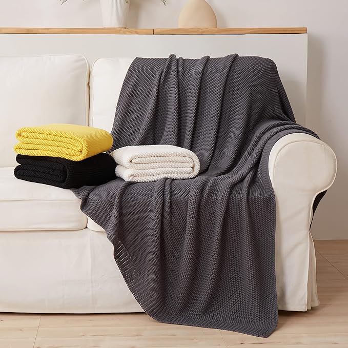Longhui bedding Dark Grey 100% Cotton Lightweight Cable Knit Throw Blanket for Couch Sofa Bed Home Decorative, Bonus Laundering Bag, Dark Gray 50“ x 60”, Machine Washable